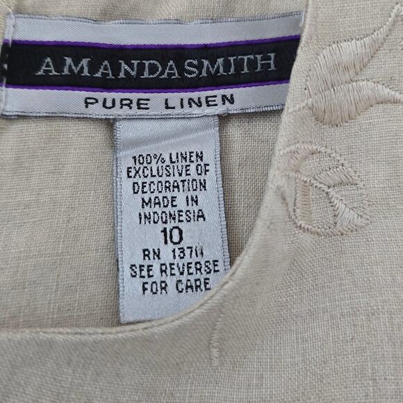 Amanda Smith 100% Pure Linen Tan Floral Embroidered Women's Dress 10 - Picture 4 of 4